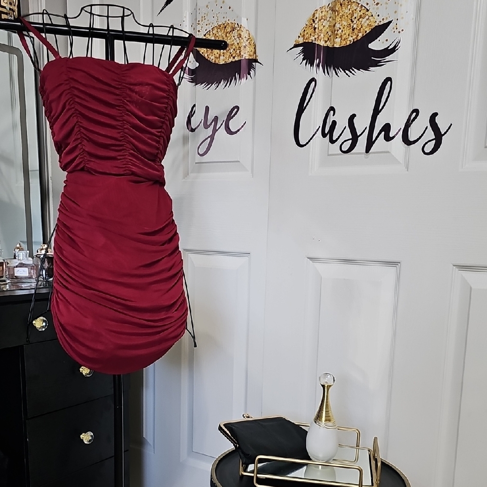 bebe Burgundy Ruched Mini Dress